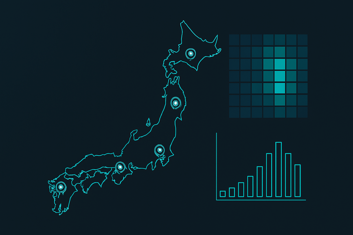 Japan map with glowing pins, weekly heatmap, and bar chart—7-day Edion Switch2 restock distribution by region and time—where to line up this weekend, data-driven hope