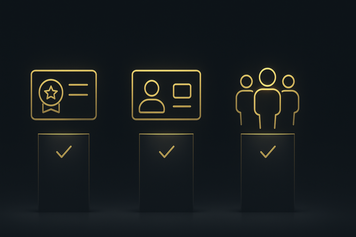 Golden icons on pedestals—membership card, photo ID, one-per-person rule—three must-clear gates to buy Switch2 at Edion—simple, fair, decisive energy