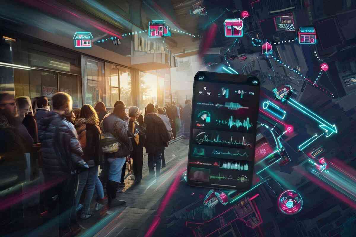 Sunrise queue outside a store fused with neon city route and live phone dashboard—Edion weekend hunt: monitor SNS, hop stores, secure your unit—motion, adrenaline, victory