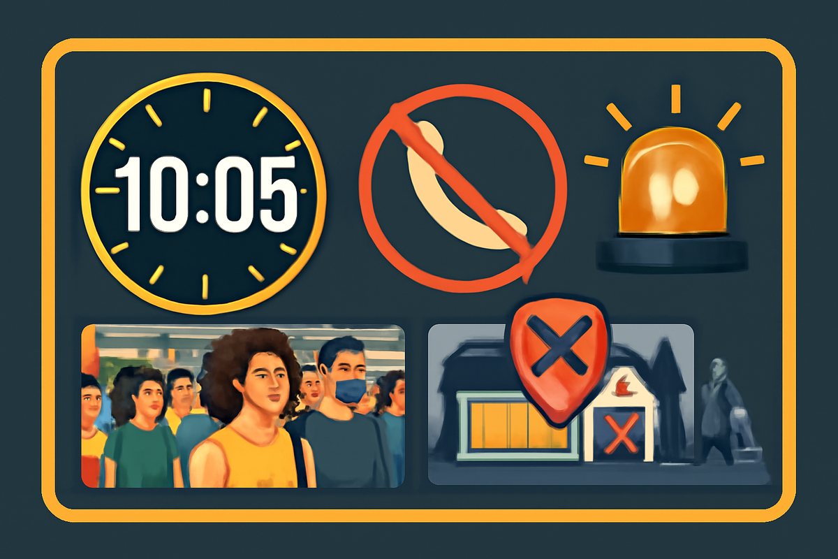 Warning board collage—10:05 late clock, crossed phone call, flashing beacon, crowded flagship with red X—common mistakes at Edion restocks and how to avoid them—learn fast, win faster