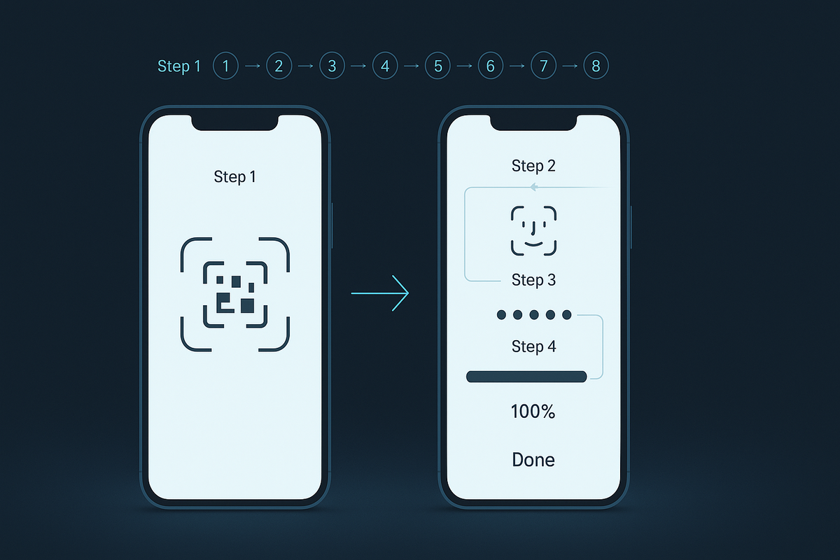 Step-by-step quick transfer flow—camera scan → face-unlock setup → passcode dots → 100% progress—eight clear checkpoints for a 30-minute migration, clean UI, soothing clarity, stress-free momentum