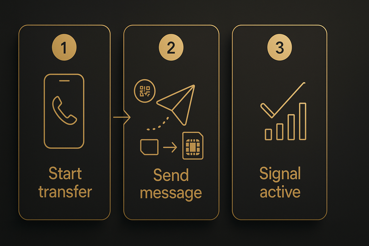 Three-panel eSIM quick transfer map—1 Start transfer, 2 Send message/QR to load the new eSIM, 3 Signal bars with a check—gold minimal icons, calm control, guaranteed connection vibe