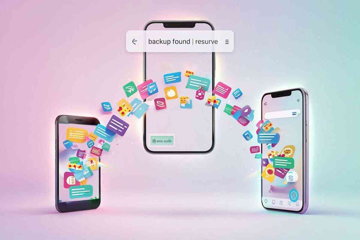 Colorful chat bubbles and app data arcing from old phone to new—“backup found” and SMS code hint—joyful, safe message history migration, bright relief energy after a successful restore