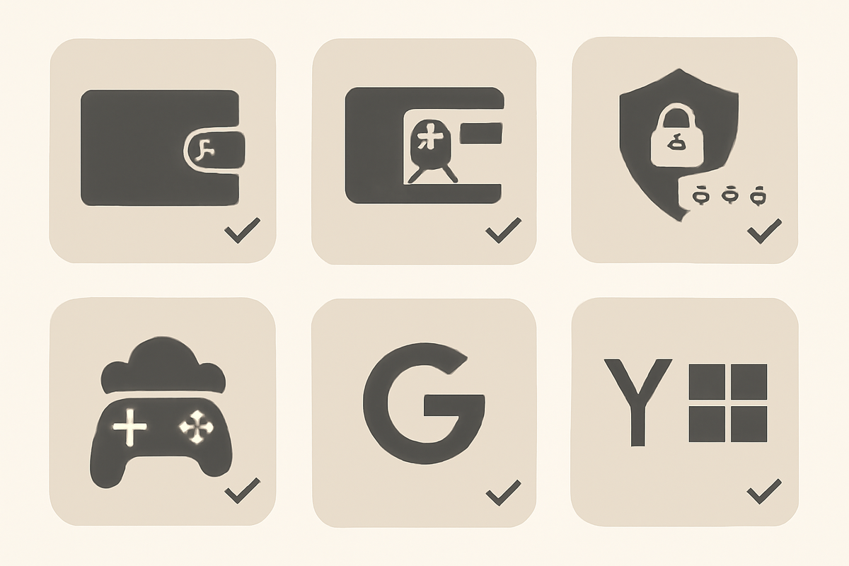 App-by-app checklist grid—wallet & transit cards, security/2FA, gaming cloud, big accounts to re-login—organized post-migration tasks with gentle beige calm, confident completion mood