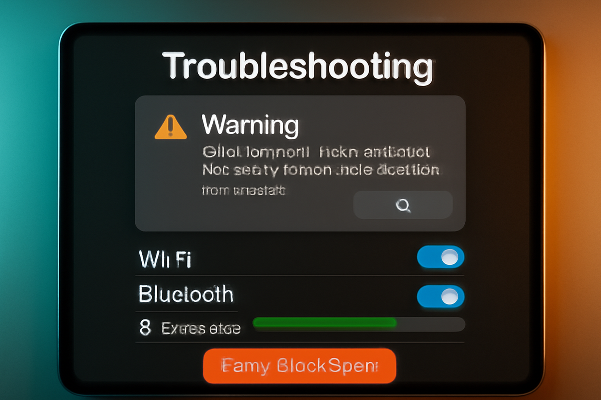 Troubleshooting cockpit screen—warning banner with Wi-Fi/Bluetooth toggles and a steady progress bar—practical rescue panel when quick start stalls, steady hands, problem-solving glow
