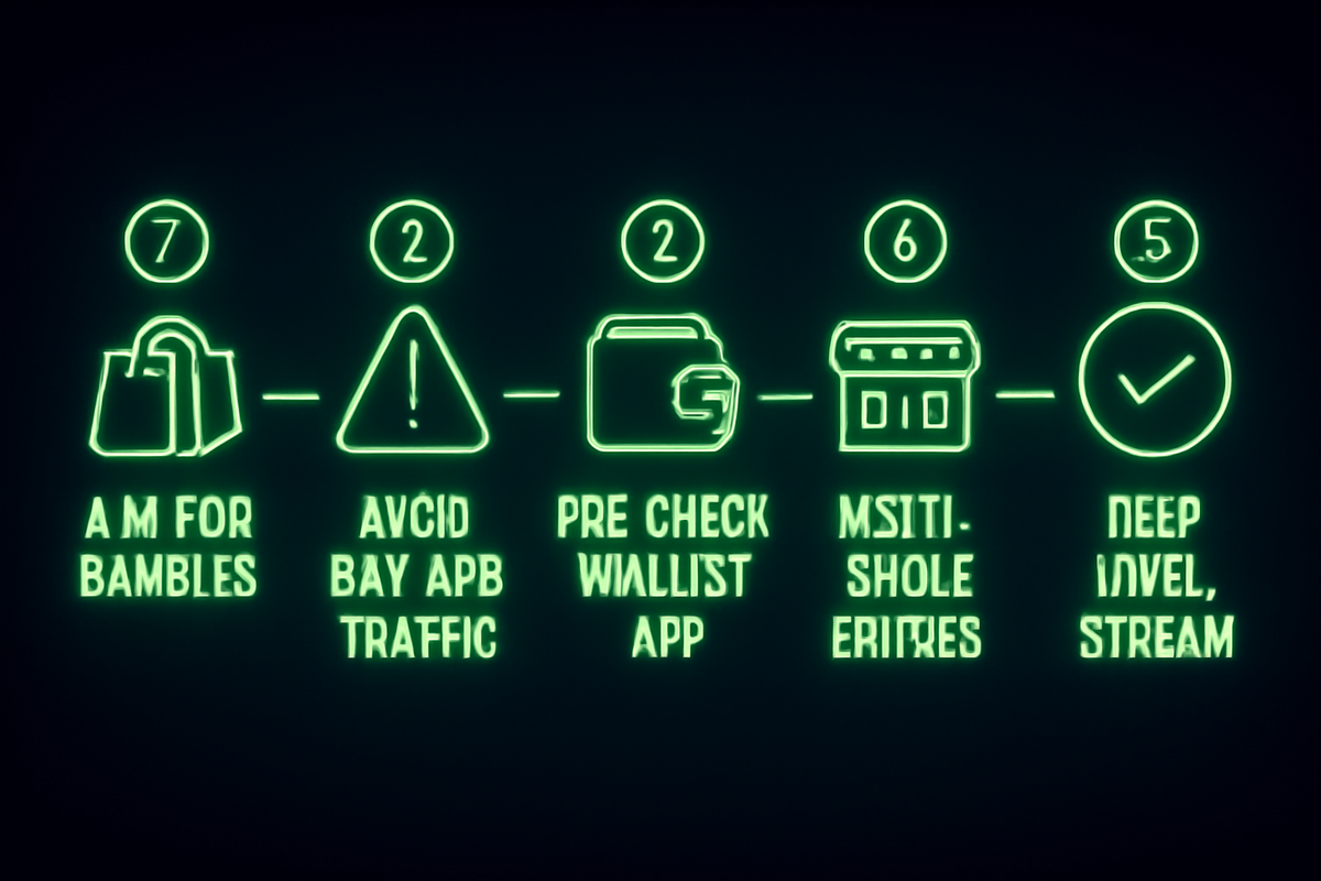 Glowing strategy board—five neon tactics: aim for bundles, avoid first-day traffic, pre-check wallet app, multi-store entries, breathe and wait—confidence-boosting roadmap to win