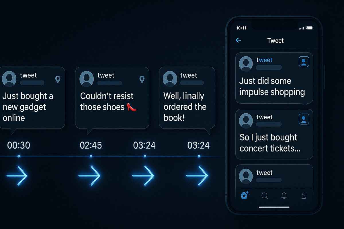 Timeline of late-night tweets at 00:30 / 02:45 / 03:24 beside a phone feed—real-time SNS proof of midnight restocks, whisper-to-roar momentum, irresistible impulse to buy
