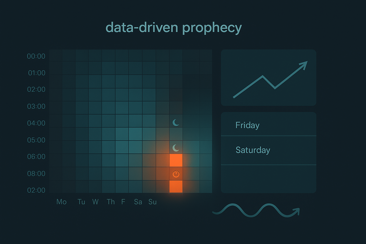 Dark heatmap glowing on weekend pre-dawn slots with trend arrows—data-driven prophecy for Friday→Saturday Switch2 restocks at 1/3/5 a.m., set alarms, clutch timing