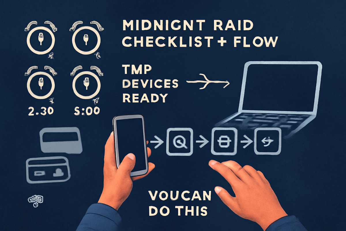 Midnight raid checklist—alarms set, devices ready, card prefilled, flow: search → cart → pay—calm focus meets adrenaline, you-can-do-this confidence for the 0–5 a.m. hunt