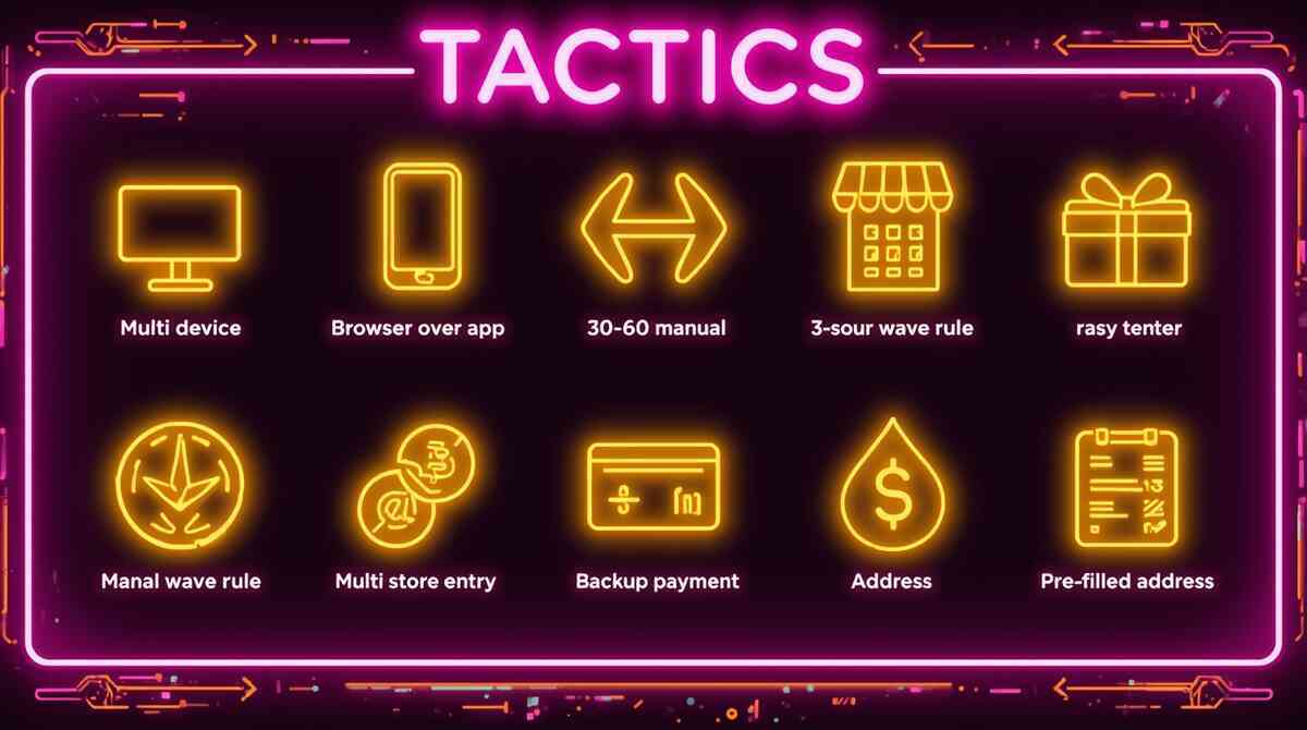 Neon tactics board—multi-device, browser over app, 30–60 wave rule, multi-store entry, backup payment, pre-filled address—high-energy cheat sheet to boost win odds tonight