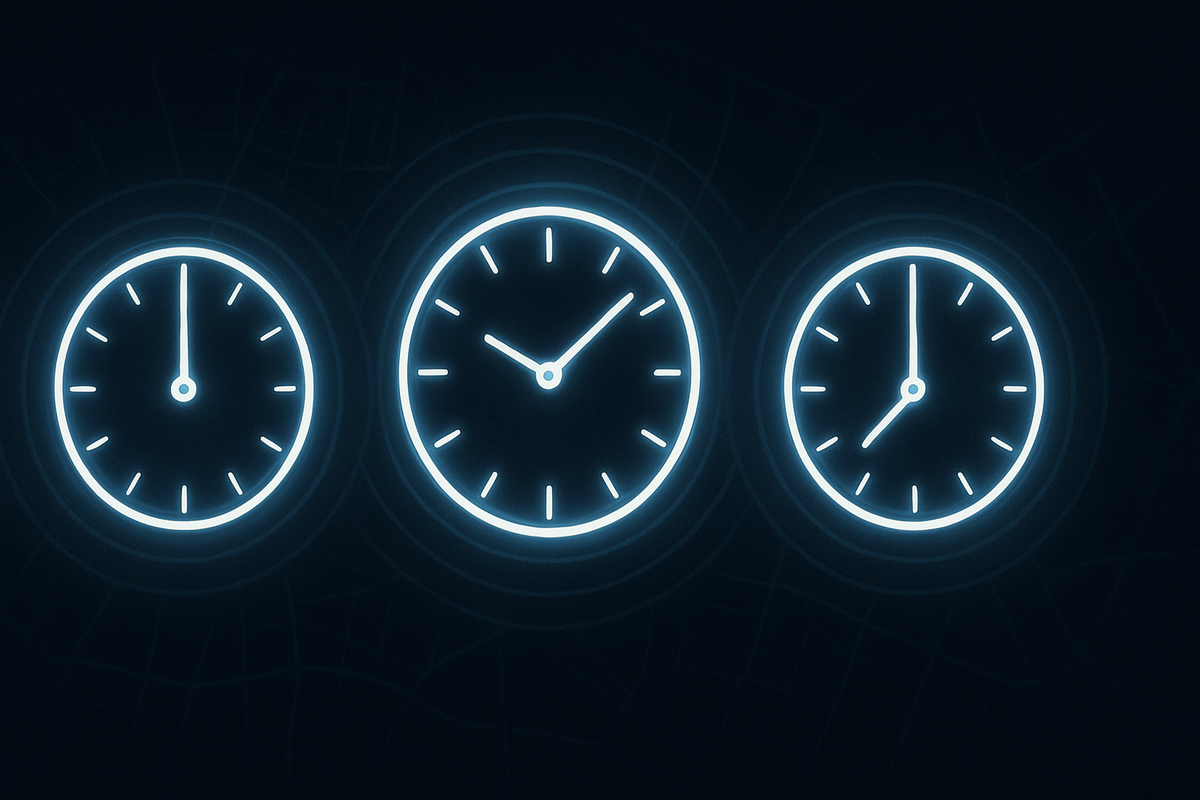 Three luminous clocks pointing to 1, 3, and 5 over a dark grid—timing pattern discovered, wave-by-wave restock rhythm, tactical focus, FOMO-crushing calm