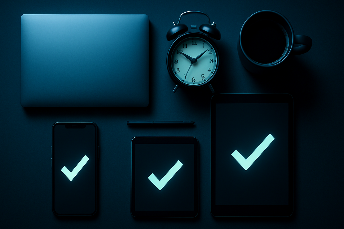 Midnight prep desk flat-lay—laptop, phone, tablet, alarm clock, coffee—screens show satisfying checkmarks, organized checklist energy, crisp readiness before the storm