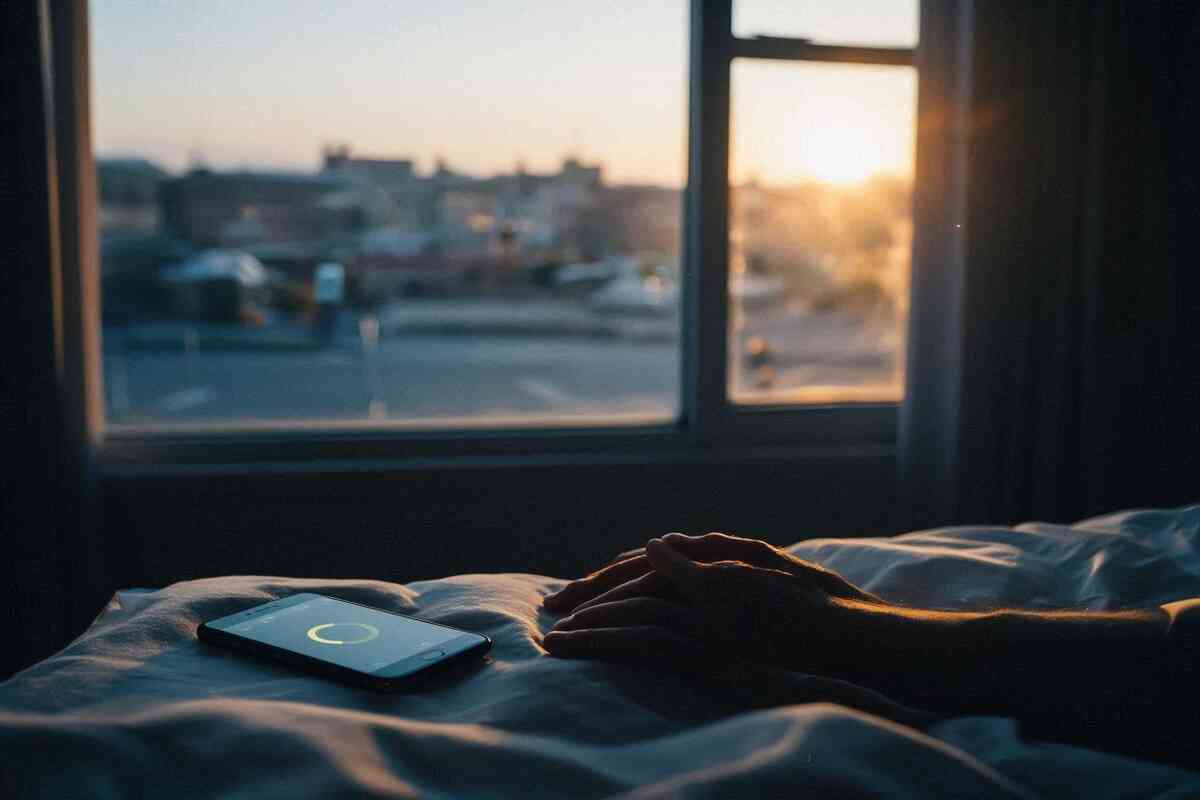 Quiet sunrise through a window, phone on the bed with an almost-complete progress ring—last-train hope, gentle relief, sleepy yet triumphant mood