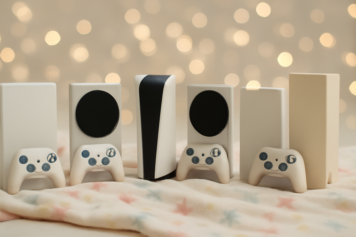 Six anonymous console bundles lined on a cozy star blanket with soft holiday bokeh—clean lineup comparison, gift-ready warmth, joyful anticipation without brands