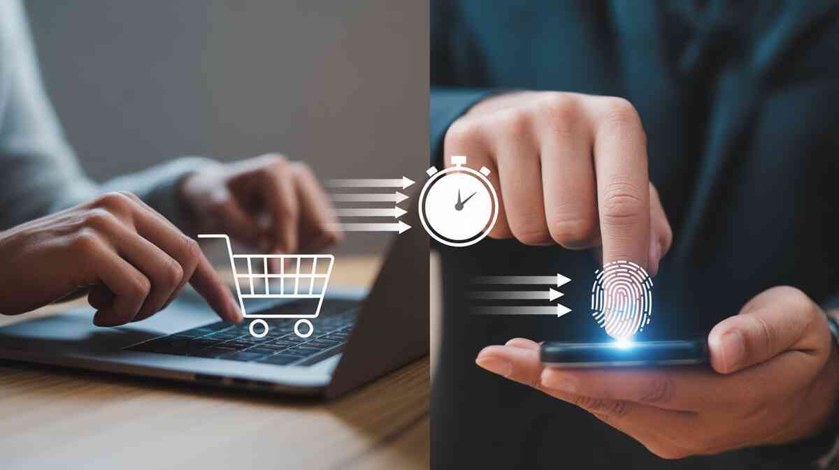 Split scene: hands adding to cart on a laptop and fingerprint approval on a phone—two-device speed run, stopwatch urgency, decisive checkout confidence