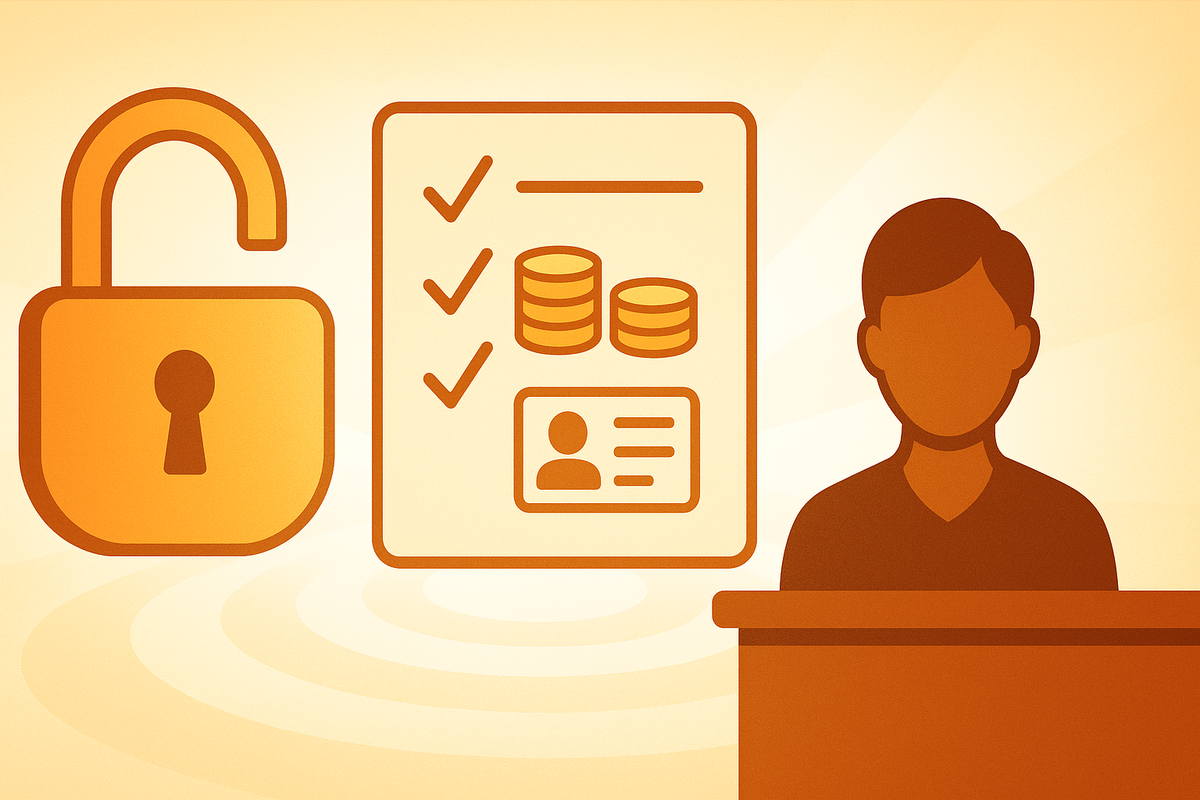 Switch2 purchase conditions unlocked—open padlock, simple checklist with coins and ID beside a friendly counter—rules relaxed, easy path, warm hope, stress-free clarity