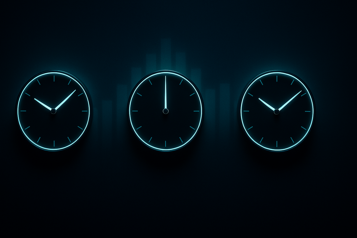 Best time to buy Switch2—three glowing clocks marking opening, lunchtime, and afternoon peaks—data-driven timing, tactical calm, FOMO-crushing precision