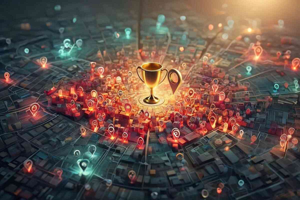 Store ranking heatmap for Switch2—city pins converging on a golden trophy—hotspot hunting thrill, strategic target selection, victorious mood