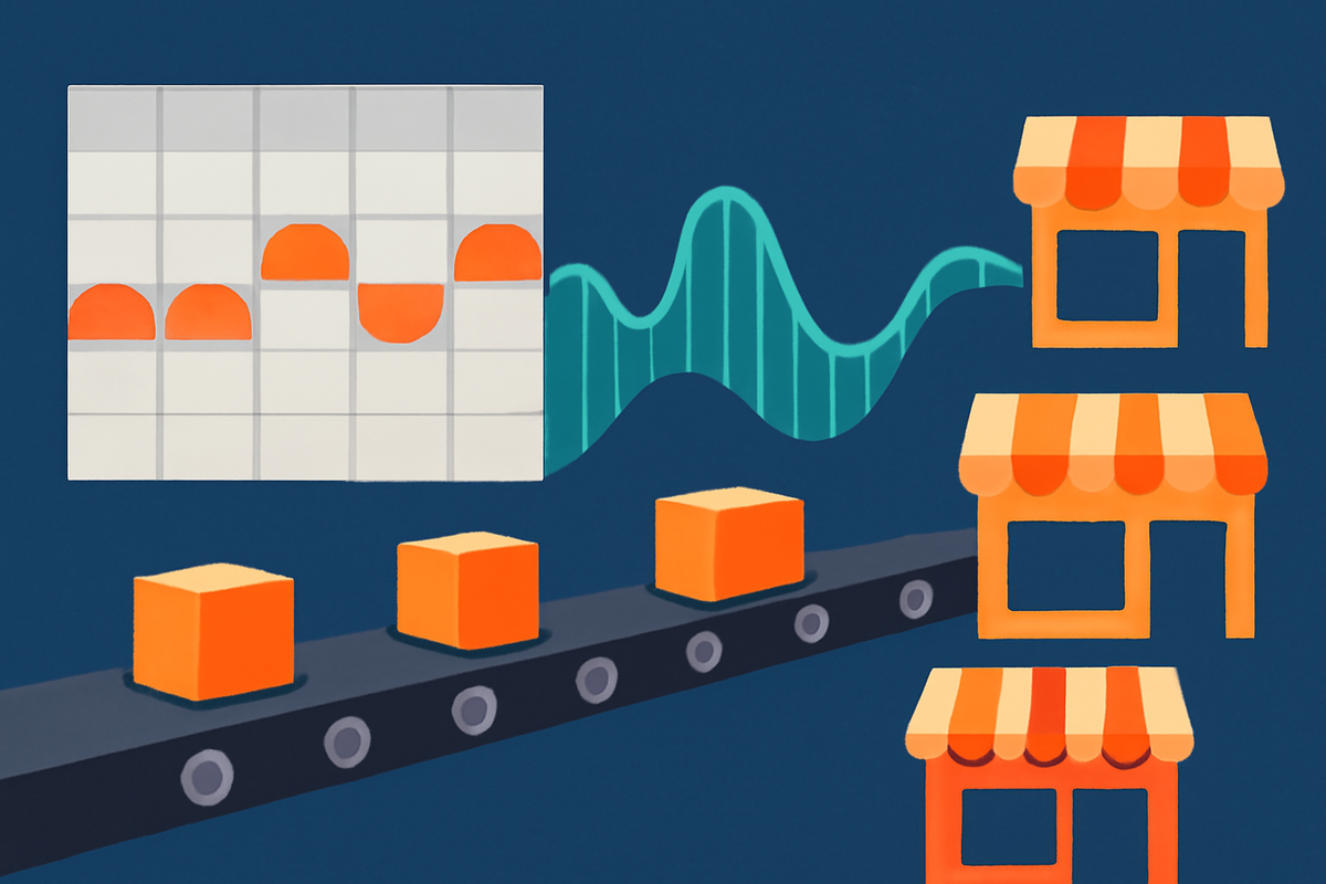 Switch2 supply flow explained—calendar pulses and a conveyor feeding neutral boxes into multiple storefronts—weekly waves, predictable restock rhythm, analytic satisfaction