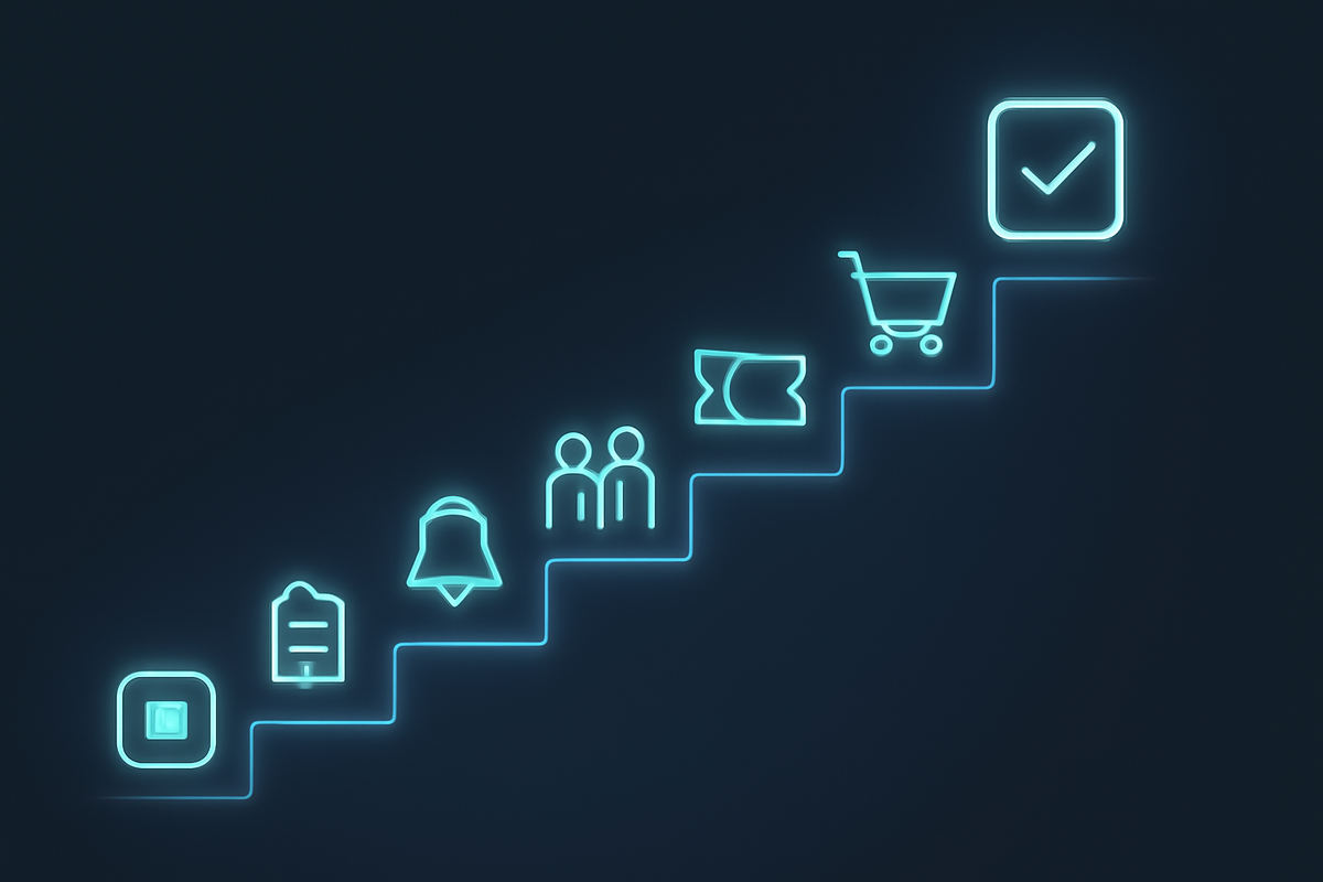 Seven-step Switch2 playbook—neon staircase from app download and checklist to notifications, queue, ticket, cart, and final check—actionable roadmap, smooth momentum, sweet victory