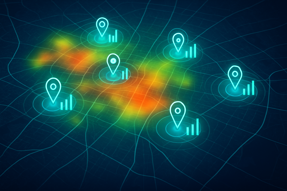 Live city heatmap with glowing location pins and tiny stock bars—real-time availability, pulsing hotspots, radar vibes, tactical clarity that says “go now”