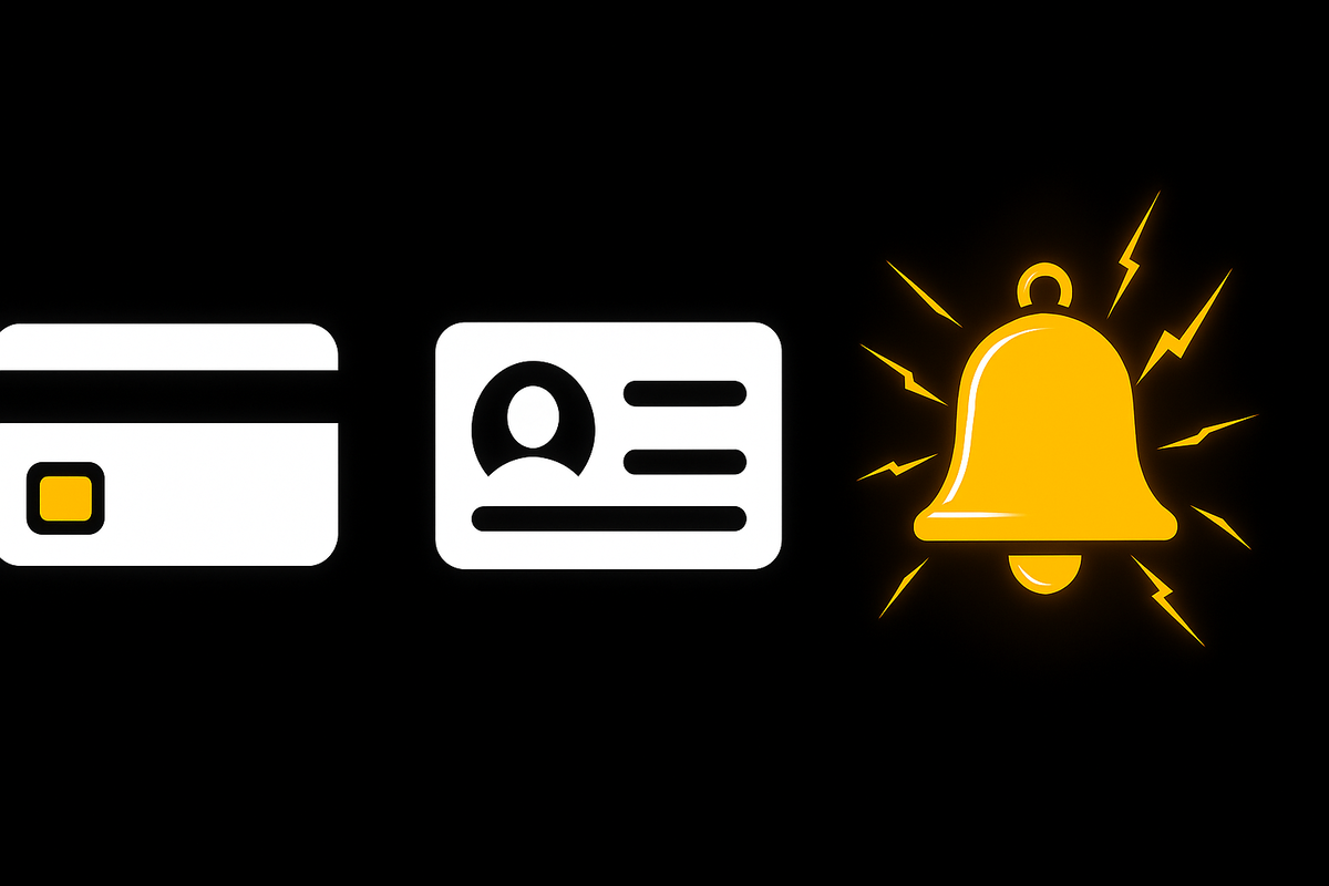 Winning trio for fast purchase—membership card, photo ID, and a lightning notification bell on black—rules unlocked, decisive readiness, confident momentum