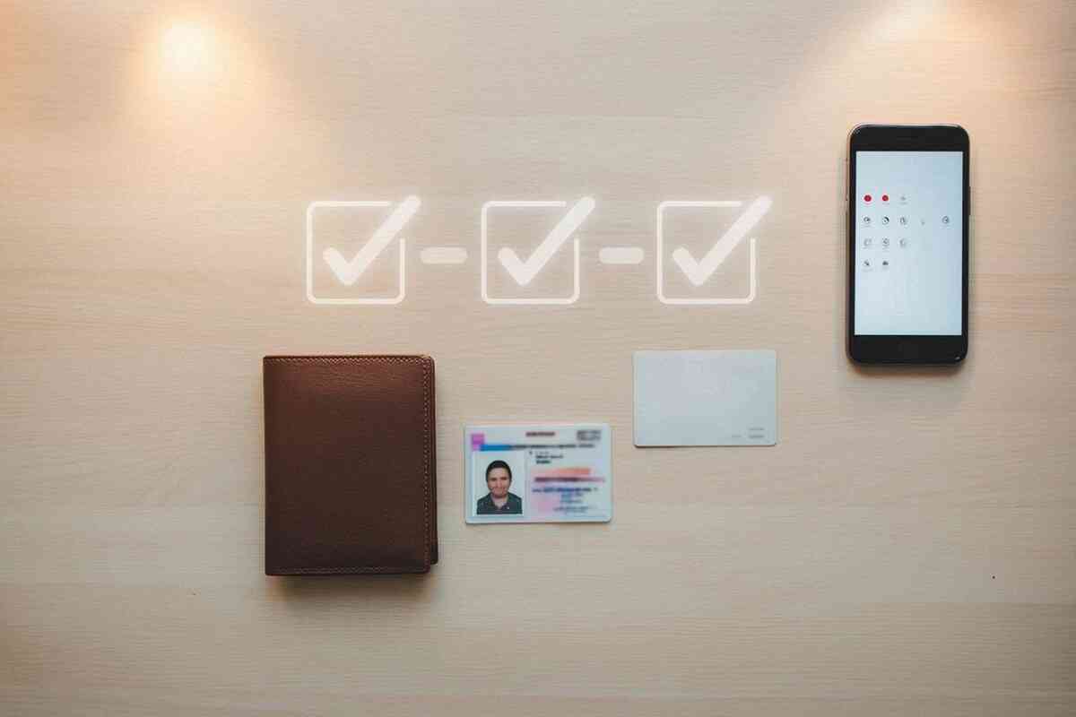 Flat-lay prep kit on a clean desk—wallet, ID card, membership card, and smartphone under glowing checkmarks—calm control, zero-stress checklist, ready-to-buy focus