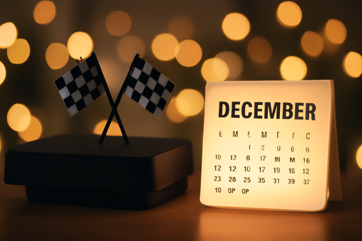 Festive December calendar glowing beside twin checkered flags—limited racing bundle vibes, seasonal sparkle, rare-drop urgency, joyful anticipation