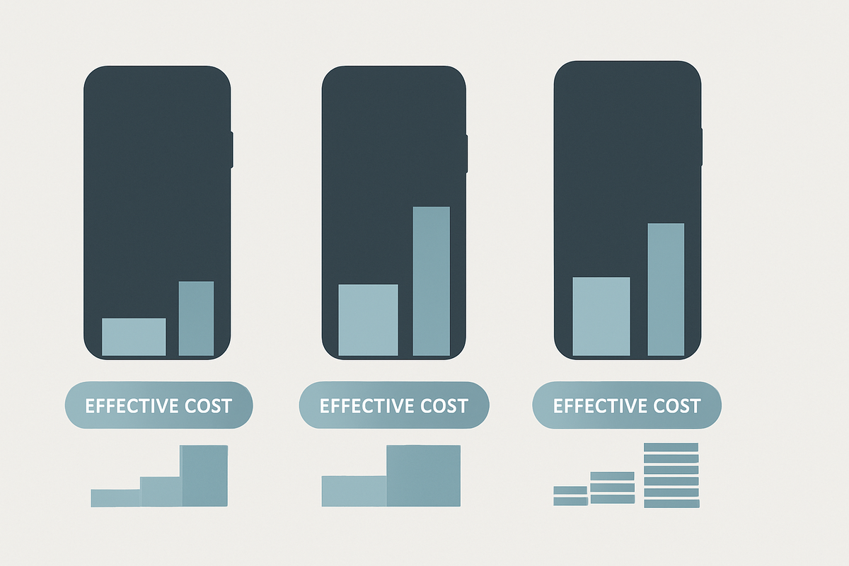 Side-by-side effective cost inside three phones—device price vs monthly total at a glance—no-nonsense clarity, calm compare-and-choose confidence