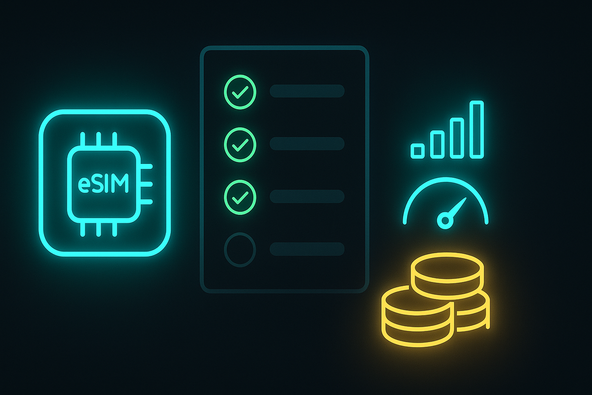 eSIM-ready checklist for budget carriers—compatibility greenlights, signal and speed icons, savings coins—stress-free setup, empowering go-ahead vibe