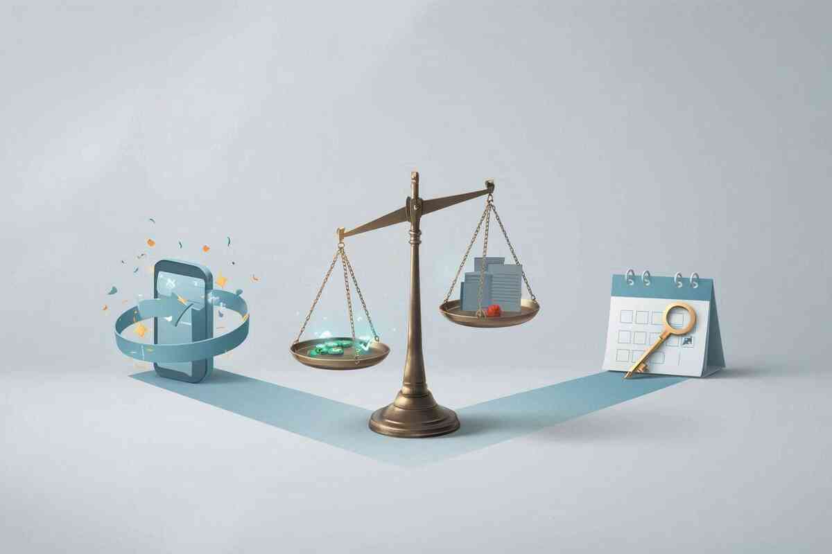 Return program vs own-it comparison—scales weighing discount sparkles against ownership and calendar timing—transparent pros/cons, rational yet emotional clarity