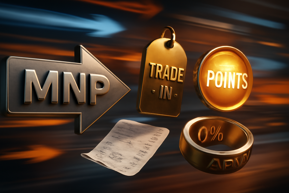 Turbo savings toolkit—MNP arrow, trade-in tag, points coin, receipt, 0% APR ring—fast-lane hacks to lower iPhone 17 cost, exhilarating win energy