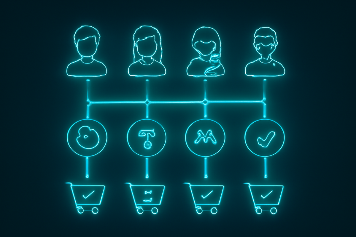 Personalized purchase routes—four personas branching to the best cart: cheapest, coverage, family bundle, long-term owner—guided calm, confident fit-for-you choice