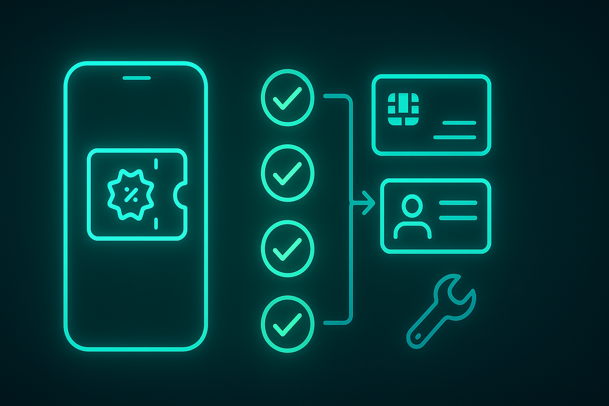 Get the purchase-right coupon—smartphone with luminous ticket, three green checkmarks, loyalty card + ID icons, tiny wrench for quick fix—calm guidance, confident momentum, no-drama setup