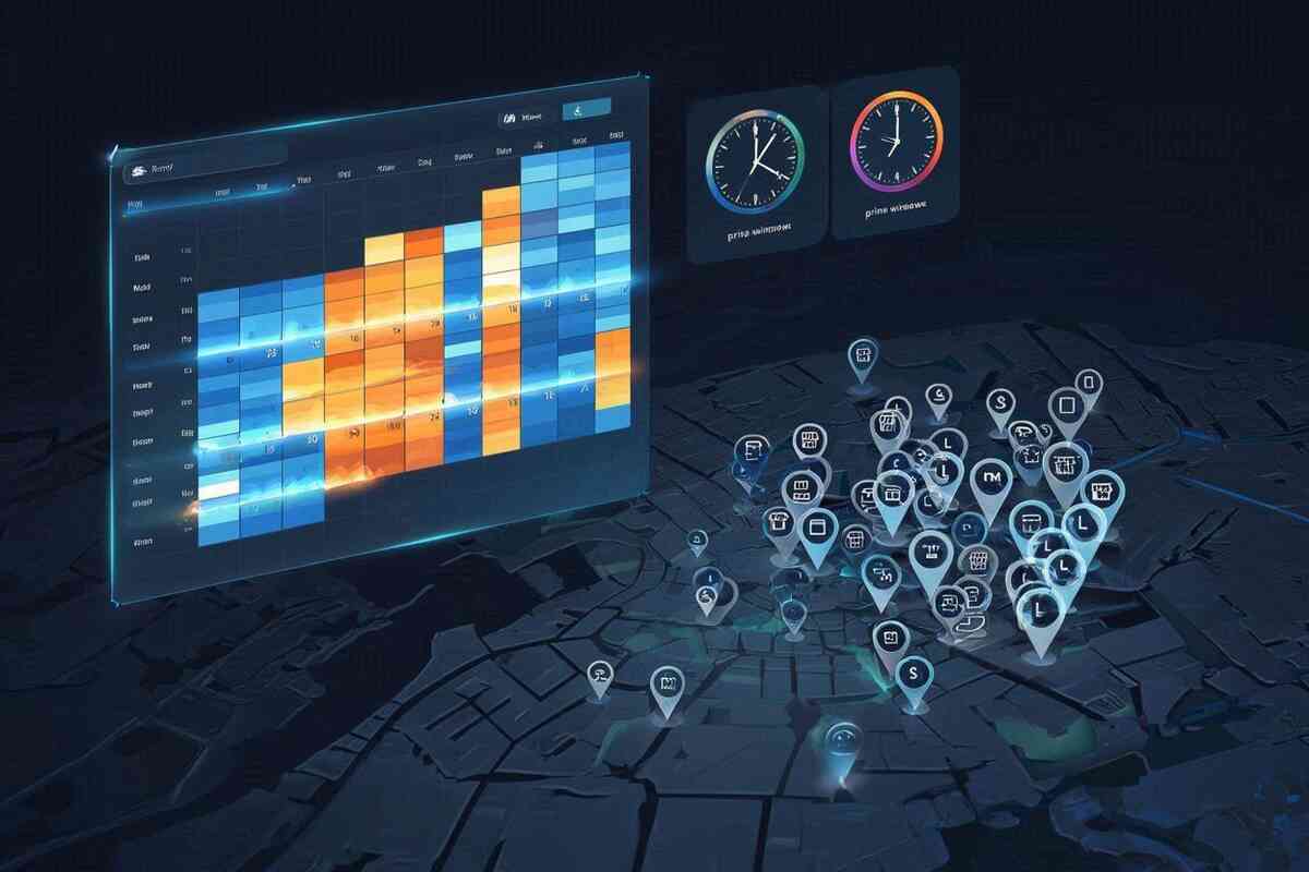 Data-driven pattern hunt—calendar heatmap glowing on weekends, twin prime-time clocks, city map pins clustering—analytic thrill, tactical focus, winning strategy vibes