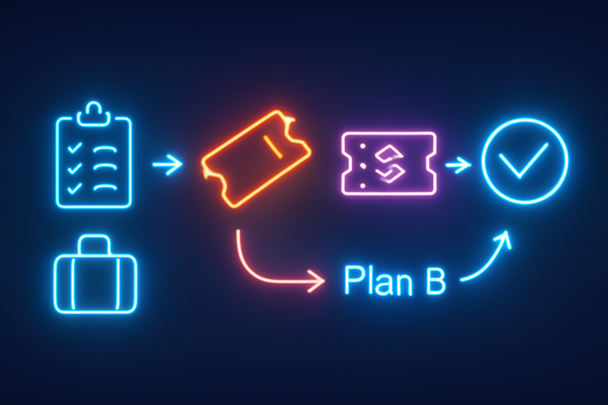 Day-of action timeline—prep checklist and bag → coupon show → verification ticket → giant checkmark, with Plan B fallback loop—kinetic arrows, decisive rhythm, zero-panic control