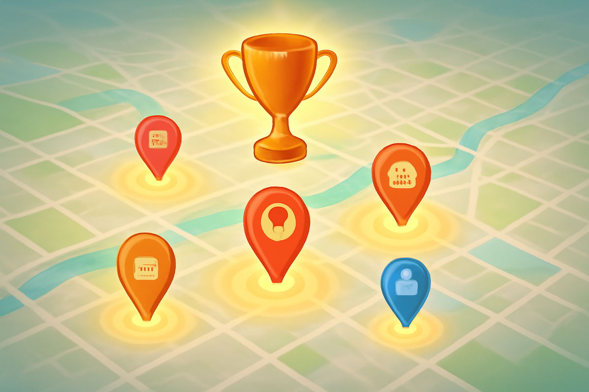 Regional shortlist map—golden trophy hovering above glowing store pins, one cool blue outlier—hopeful navigation, clear route to a win, joyful “this is the spot” energy