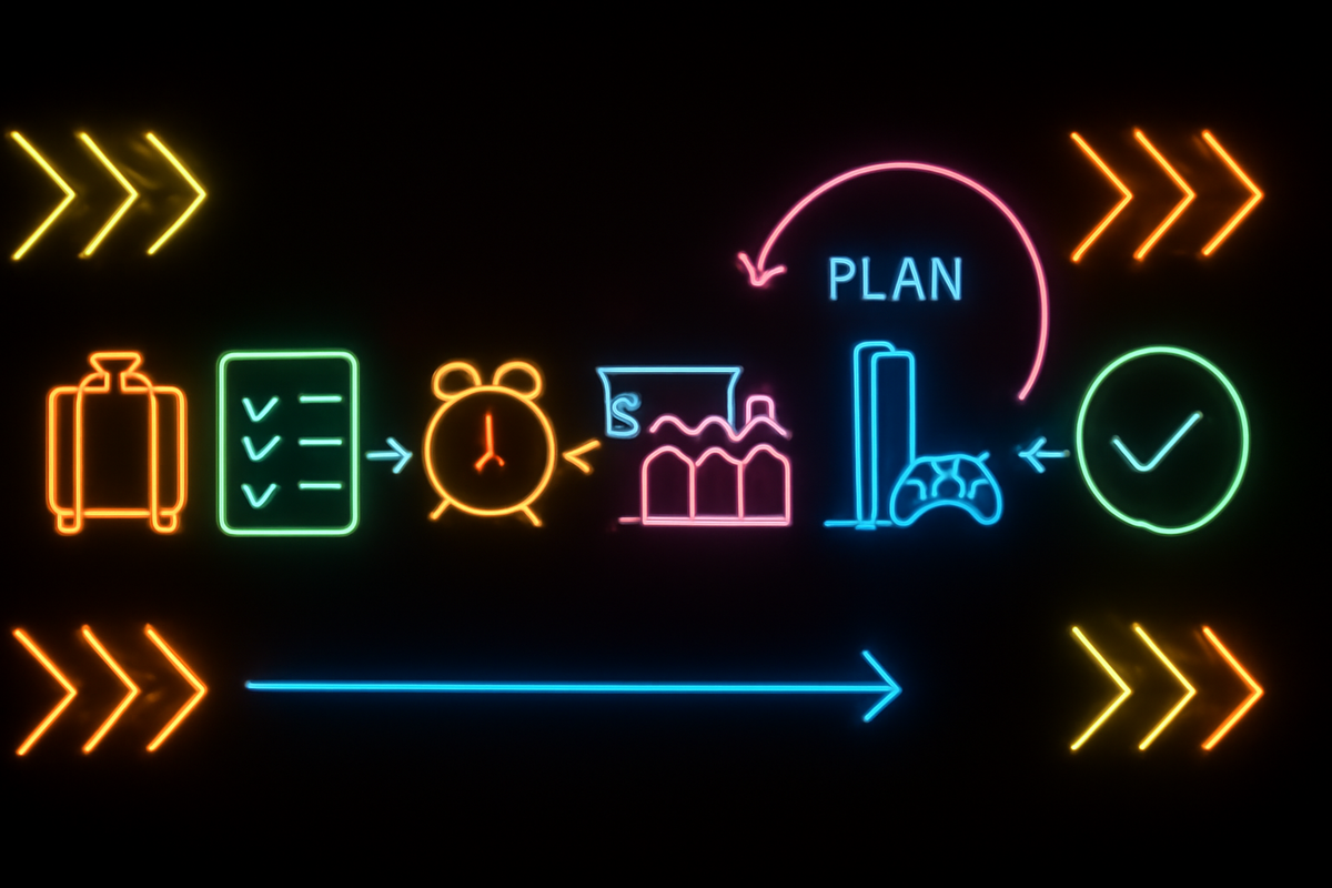 Neon day-of victory flow—pack bag → checklist → arrive early → store loop plan → claim console—actionable steps to win your Switch2, forward motion and confident resolve