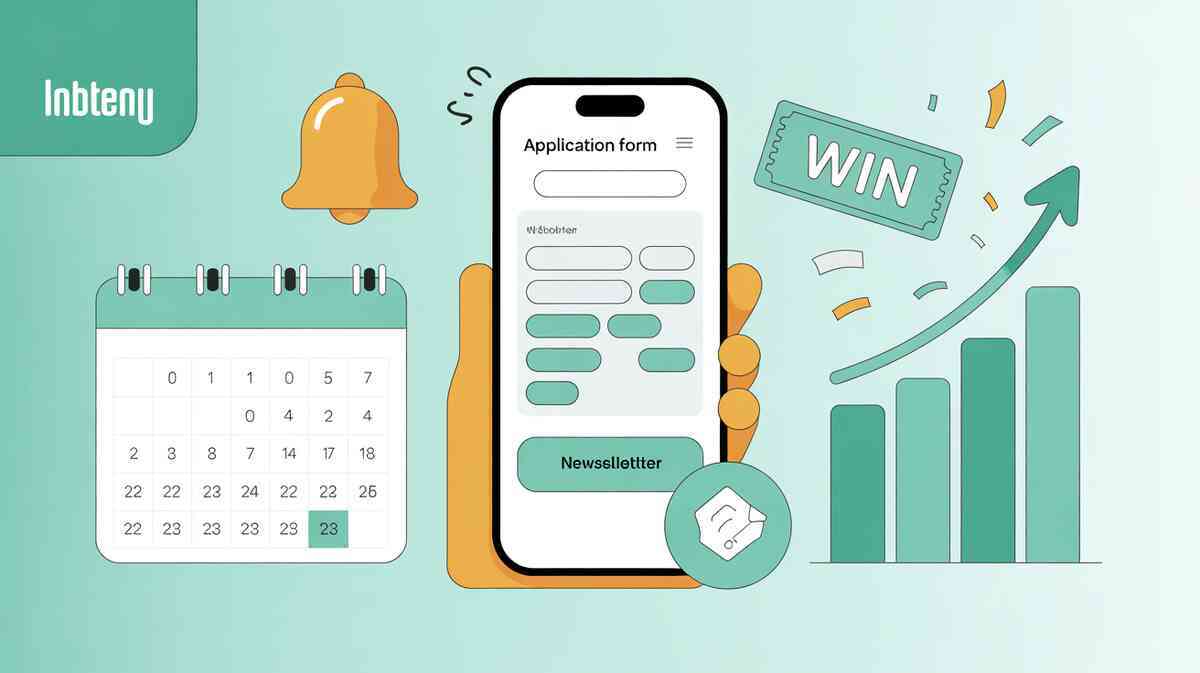 Phone application form with calendar reminder, bell alert, WIN ticket, and rising bars—how to enter Edion lottery sales and boost your odds, optimistic spark and celebratory joy