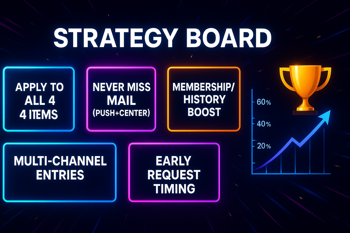 Neon strategy board—Apply to all 4 items, Never miss mail (push+center), Membership/History boost, Multi-channel entries, Early request timing—trophy + rising win-rate chart, high-energy victory vibe