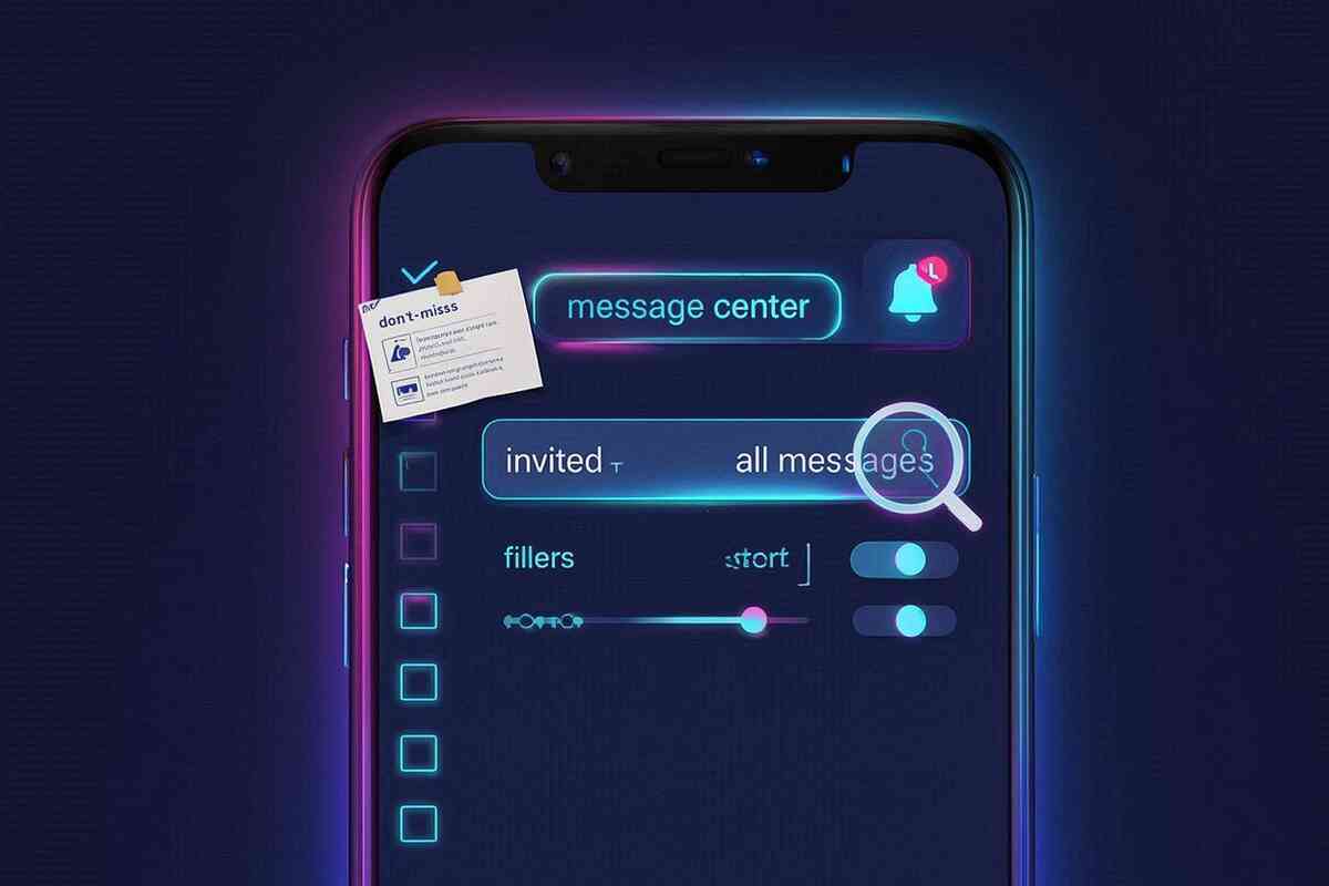 Close-up neon smartphone—Message Center open, “all messages” filter highlighted, bell alert glowing, sticky note “don’t miss”—bulletproof routine to catch the invite fast, laser-focus urgency