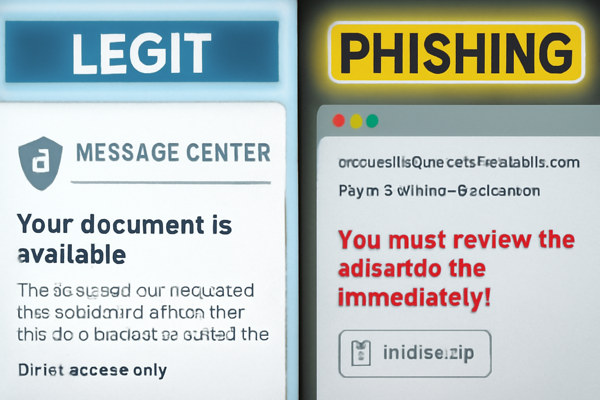 Split-screen security poster—LEFT legit Message Center notice, RIGHT loud phishing page with scary red text and .zip—trust vs trap, sharp warning to spot fake emails instantly