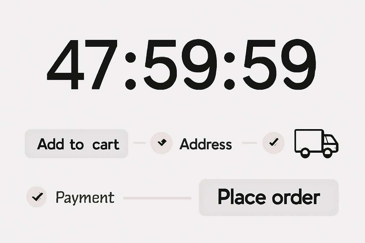 Massive 47:59:59 countdown over checkout steps—Add to cart → Address → Shipping → Payment → Place order—48-hour rule pressure, act-now adrenaline, no-regret purchase flow