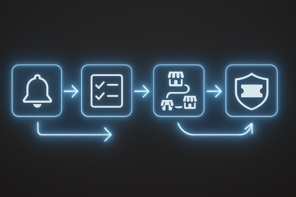 Neon flowchart: bell notification → preparation checklist → multi-store route map → ticket/shield—crystal-clear playbook for stress-free, high-odds in-store Switch 2 win