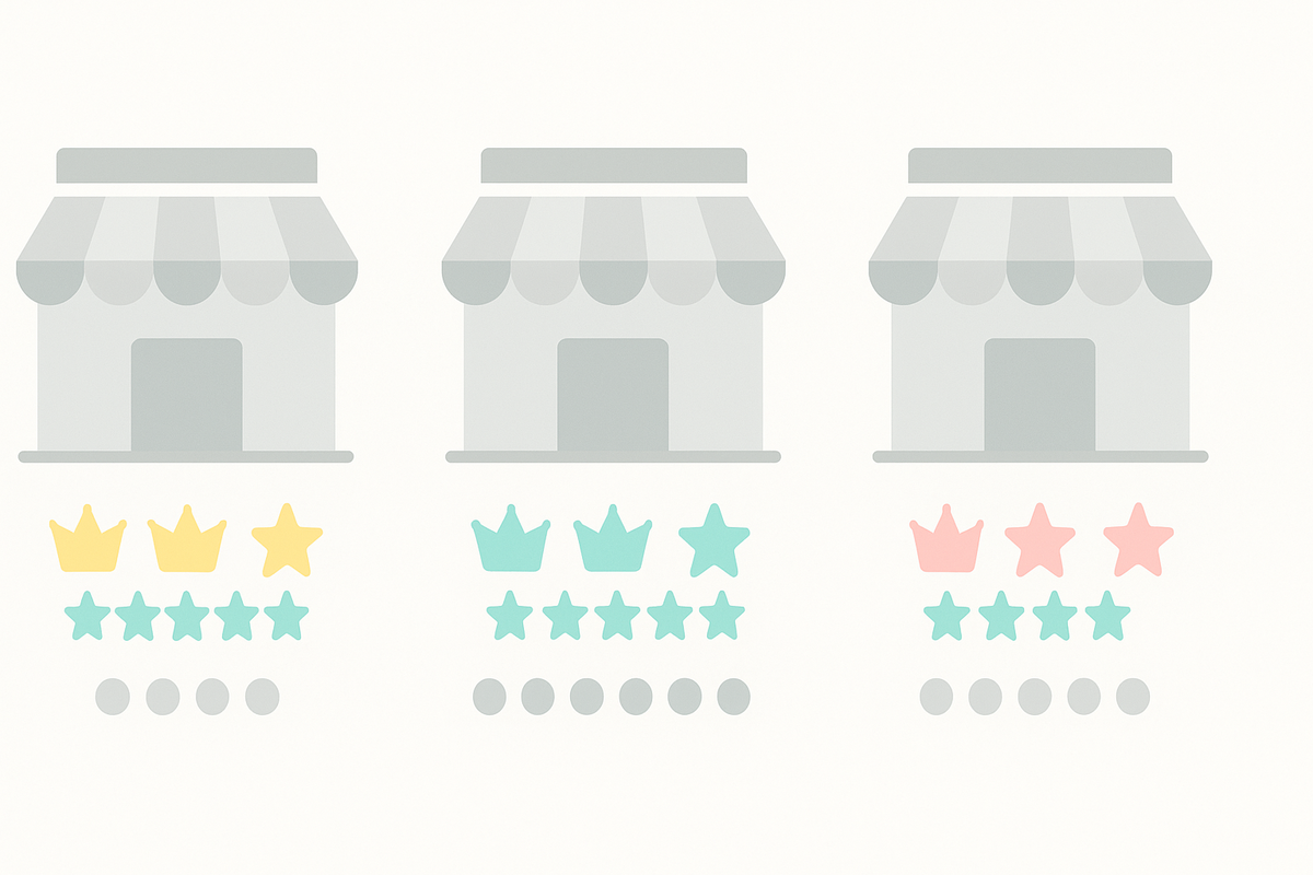 Three retailer cards side-by-side with crowns and star ratings—decisive comparison to choose the easiest store to score Switch 2—calm clarity meets victory energy
