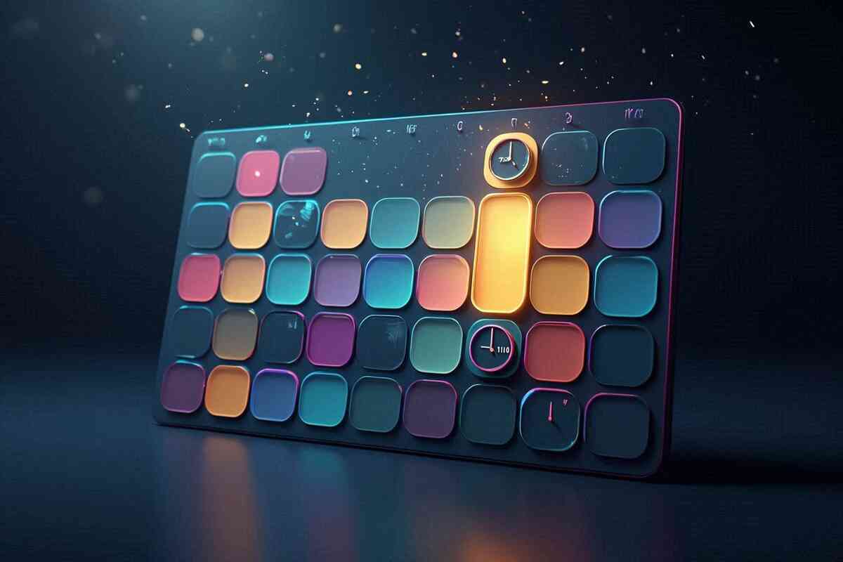 Vibrant heat-map calendar with a golden prime-time bar and small clock icons—data-driven best day and hour to line up for Switch 2—laser-focused, thrilling timing