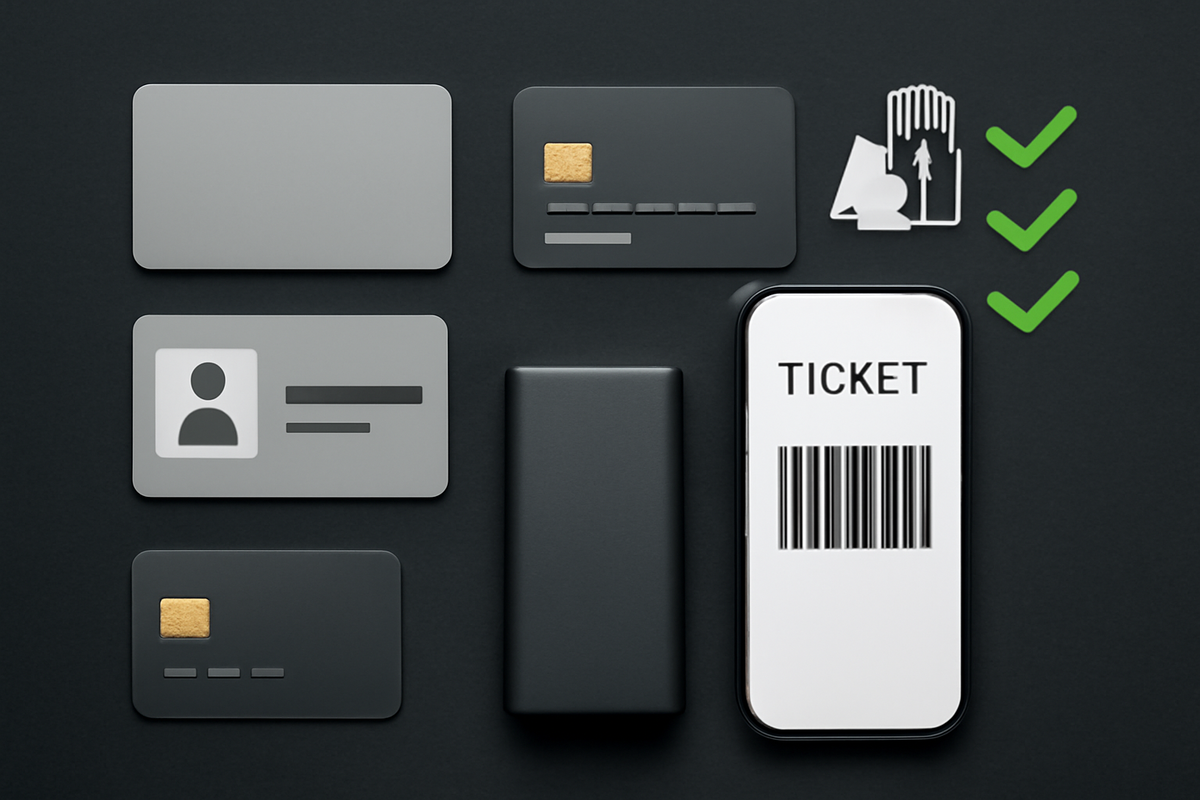 Flat-lay kit on a dark desk: membership card, ID, credit cards, power bank, and a phone ticket barcode with green check marks—zero-mistake checklist for smooth in-store purchase