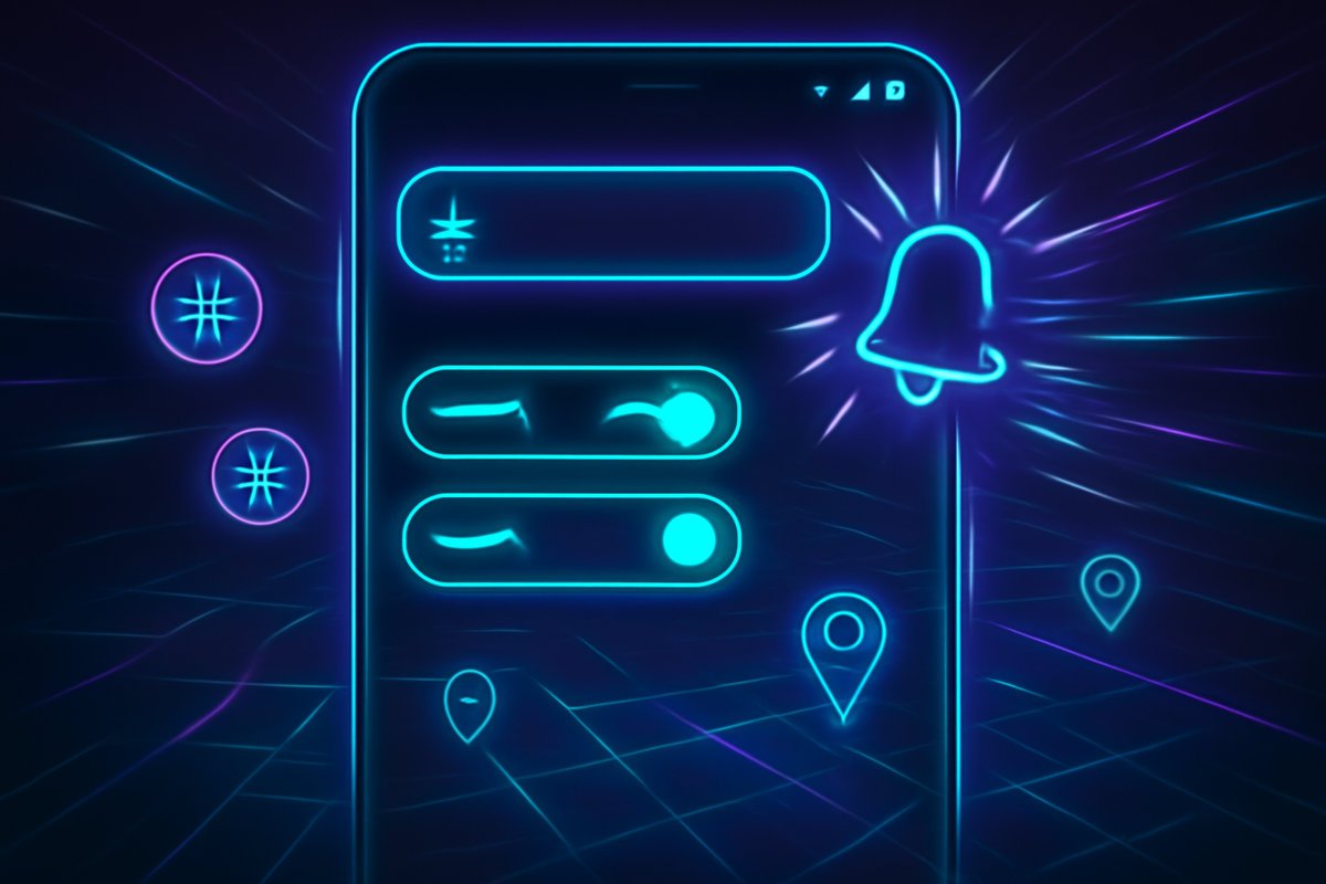 Neon smartphone UI with search bar, alert bell ON, toggles, and map pins—real-time SNS monitoring to catch live stock—fast, vigilant, radar-like excitement