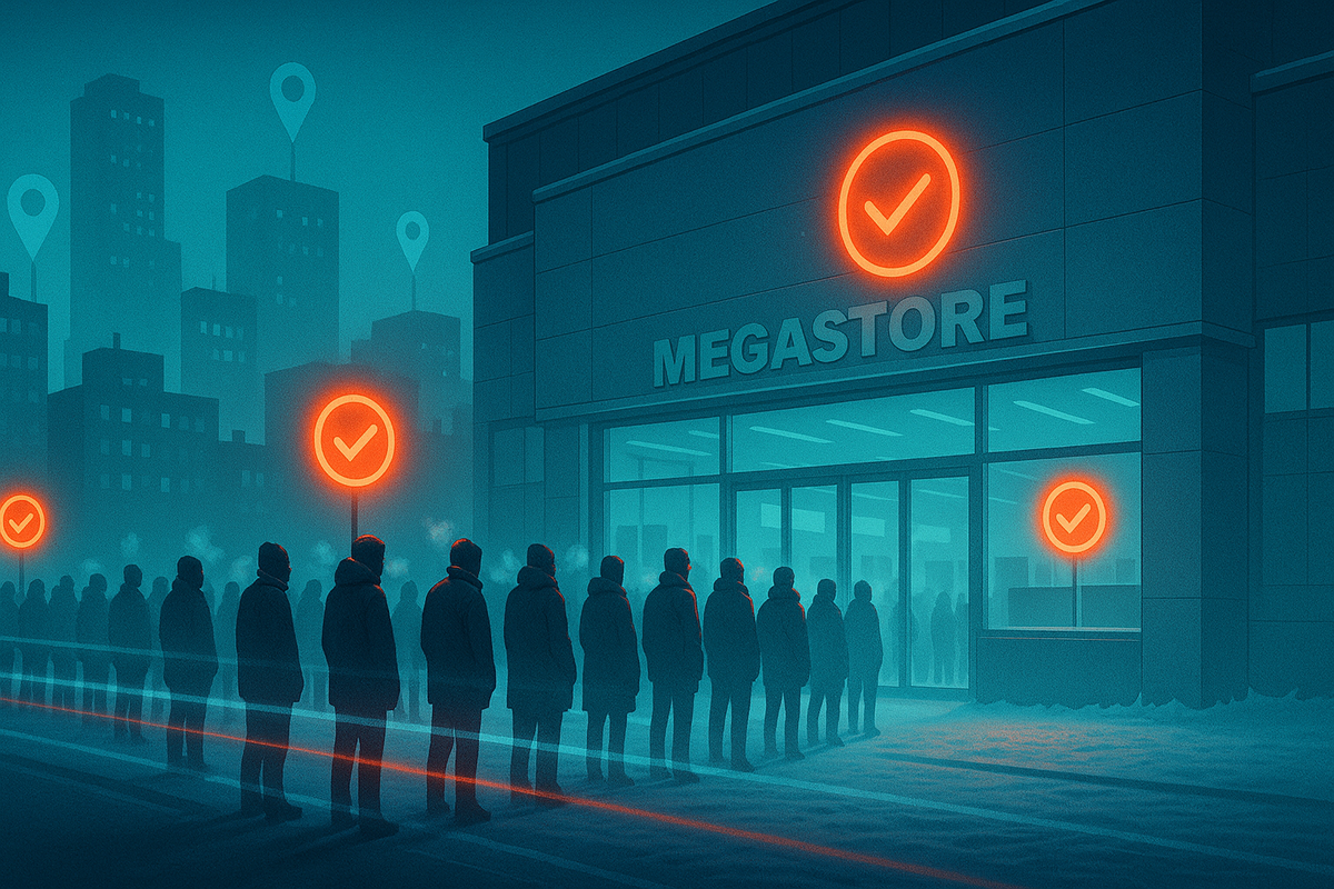 Pre-dawn queue outside a big-box megastore, neon check marks and map pins glowing—Yodobashi Switch2 in-stock today, real-time restock alert vibe, frosty breath, urgent cinematic energy