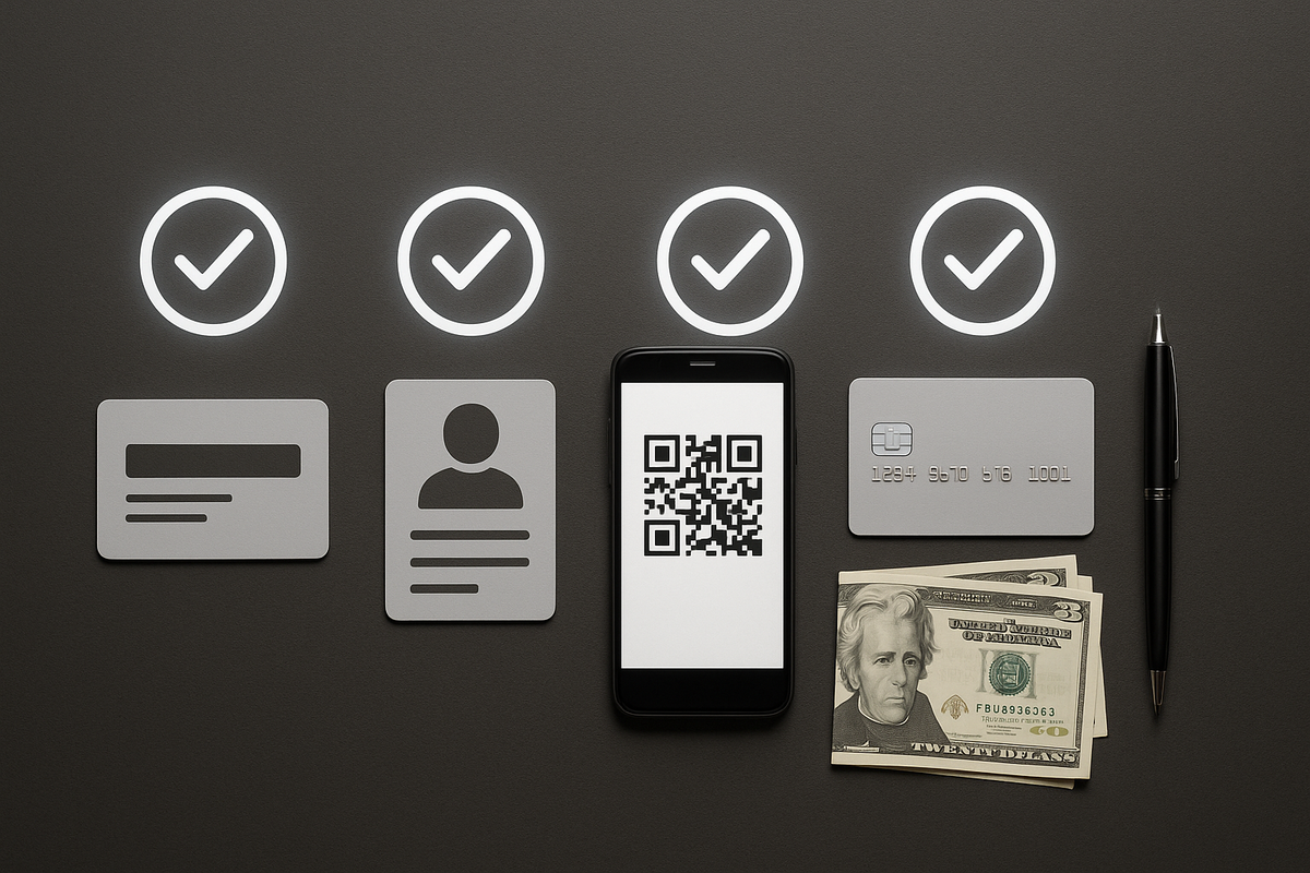 Essential purchase kit on a dark desk—Gold Point Card membership, government ID, smartphone QR app, generic credit card and cash—Yodobashi Switch2 requirements checklist, crisp minimal, zero-failure prep, no-nonsense mood